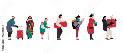 Queue in store,buying christmas,new years gift.Different people with presents
