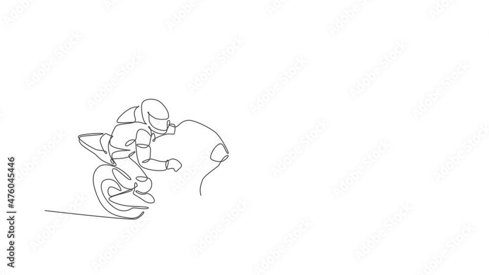 Animated self drawing of one continuous line draw young moto biker practicing to improve bike speed. Super bike racing concept. Full length single line animation for motorbike race promotion poster.