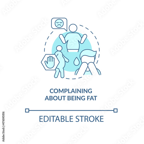 Complaining about fat body turquoise concept icon. Appearance dissatisfaction abstract idea thin line illustration. Isolated outline drawing. Editable stroke. Roboto-Medium, Myriad Pro-Bold fonts used