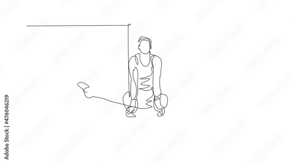 Animation of one single line drawing of young handsome gymnast man exercising steady rings. Healthy lifestyle and athletic sport concept. Continuous line self draw animated. Full length motion. Animation of one single line drawing of young handsome gymnast man exercising steady rings. Healthy lifestyle and athletic sport concept. Continuous line self draw animated. Full length motion.