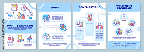 Anorexia blue brochure template. Nervosa signs and treatment. Booklet print design with linear icons. Vector layouts for presentation, annual reports, ads. Arial-Black, Myriad Pro-Regular fonts used