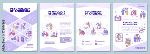 Psychology of anorexia purple brochure template. Mental illness. Booklet print design with linear icons. Vector layouts for presentation, annual report, ads. Arial-Black, Myriad Pro-Regular fonts used photo