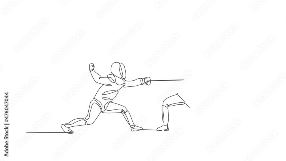 Animation of one line drawing of two men fencer athlete in fencing ...