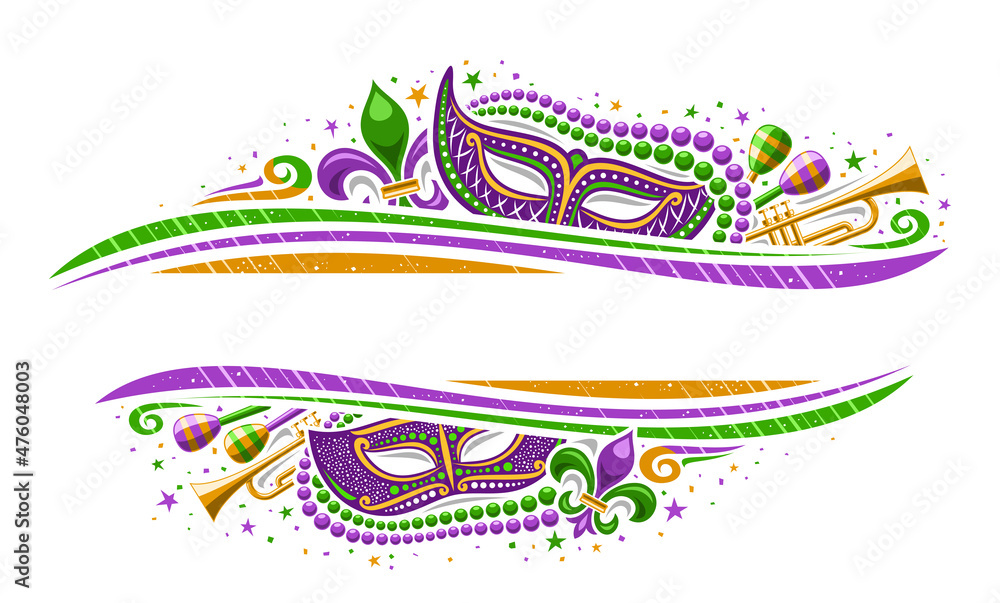 Vector Mardi Gras Border with copy space for text, horizontal template with illustration of fleur de lis symbol, colorful stars and decorative flourishes for mardigras show event on white background - obrazy, fototapety, plakaty 