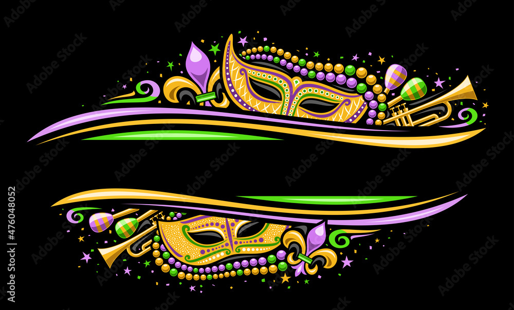 Vector Mardi Gras Border with copyspace, horizontal template with illustration of yellow mardi gras symbols, colorful stars and decorative flourishes for mardigras show event on black background - obrazy, fototapety, plakaty 
