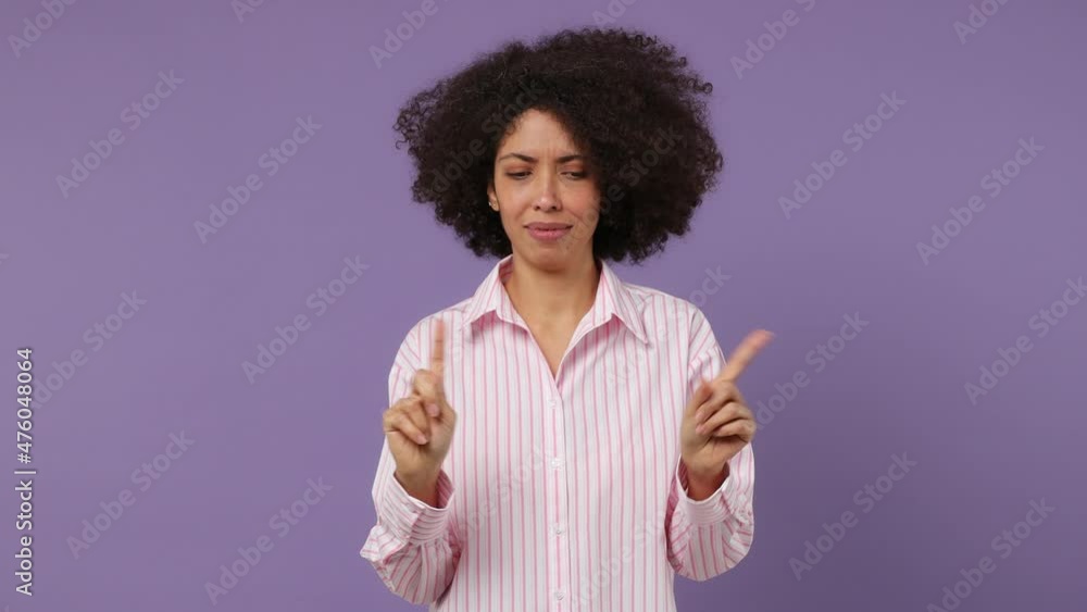 Confident young black woman 20s years old wears pink shirt look camera point fingers herself ask say who me no thanks i do not need it isolated on plain pastel light purple background studio portrait Confident young black woman 20s years old wears pink shirt look camera point fingers herself ask say who me no thanks i do not need it isolated on plain pastel light purple background studio portrait
