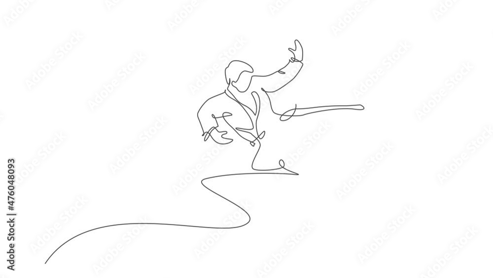 Animated self drawing of continuous line draw young confident karateka man in kimono practicing karate combat at dojo. Martial art sport training concept. Full length one line animation illustration. Animated self drawing of continuous line draw young confident karateka man in kimono practicing karate combat at dojo. Martial art sport training concept. Full length one line animation illustration.