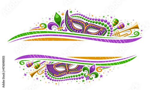 Vector Mardi Gras Border with copy space for text, horizontal template with illustration of fleur de lis symbol, colorful stars and decorative flourishes for mardigras show event on white background