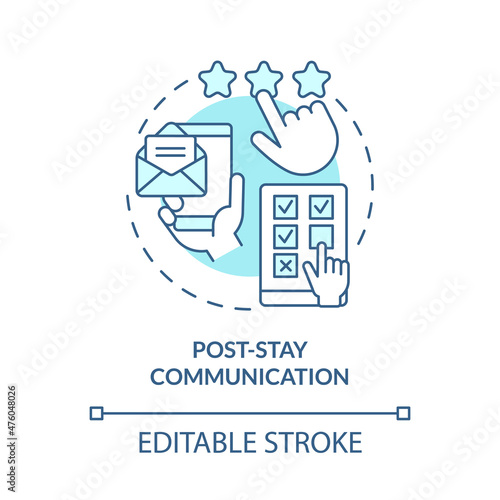 Post stay communication turquoise concept icon. Contact customer. System abstract idea thin line illustration. Isolated outline drawing. Editable stroke. Roboto-Medium, Myriad Pro-Bold fonts used photo