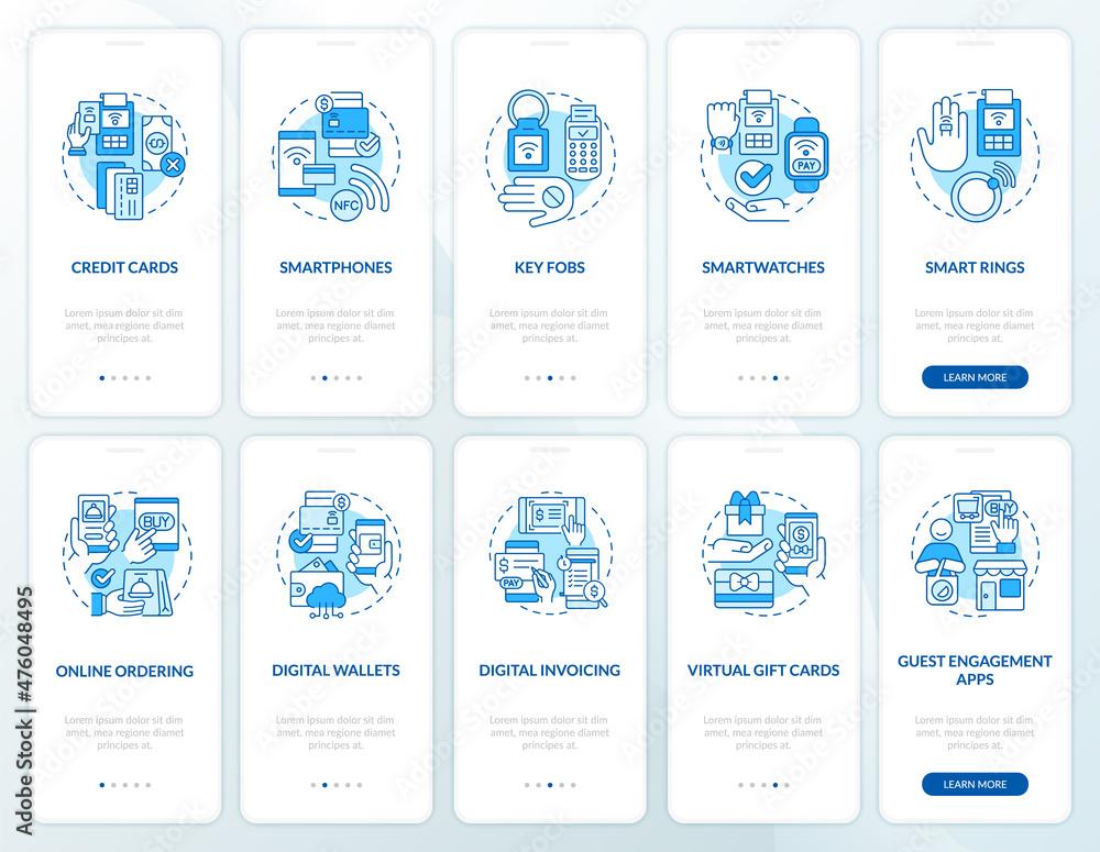 Contactless payment blue onboarding mobile app screen set. Touchless walkthrough 5 steps graphic instructions pages with linear concepts. UI, UX, GUI template. Myriad Pro-Bold, Regular fonts used