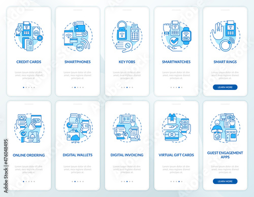 Contactless payment blue onboarding mobile app screen set. Touchless walkthrough 5 steps graphic instructions pages with linear concepts. UI, UX, GUI template. Myriad Pro-Bold, Regular fonts used