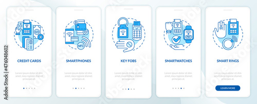 Payment methods blue onboarding mobile app screen. Cashless service walkthrough 5 steps graphic instructions pages with linear concepts. UI, UX, GUI template. Myriad Pro-Bold, Regular fonts used photo