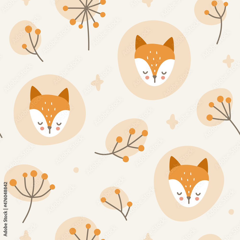 Fox head and herbs seamless doodle pattern. Autumn forest vector print for fabric, textile, apparel, wrapping paper, nursery.