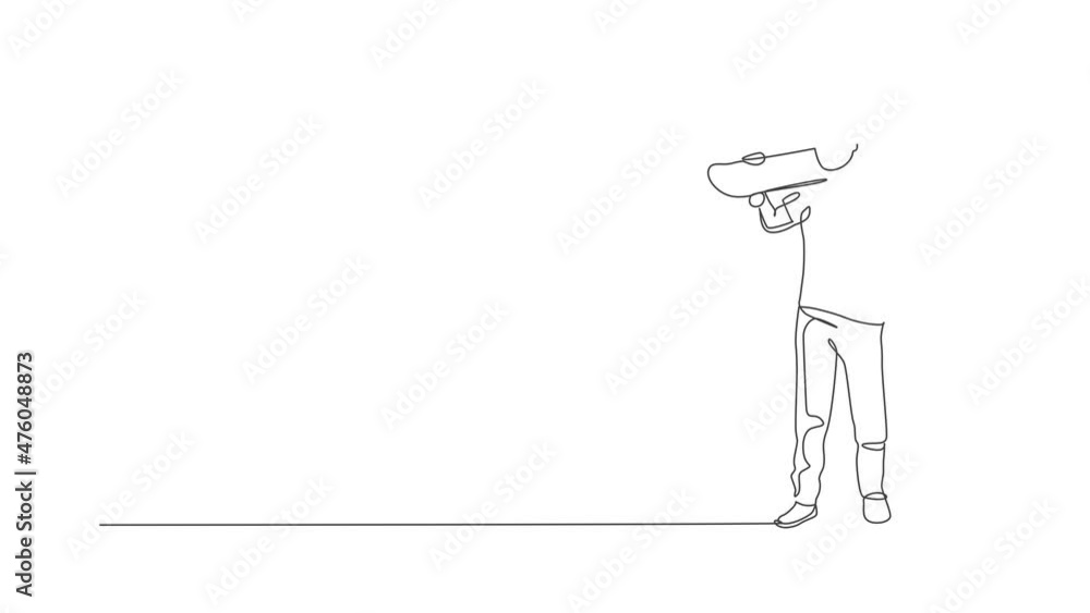 Animated self drawing of one continuous line draw young cool skateboarder man holding skateboard at shoulder and pose so stylish. Extreme teenager sport concept. Full length single line animation. Animated self drawing of one continuous line draw young cool skateboarder man holding skateboard at shoulder and pose so stylish. Extreme teenager sport concept. Full length single line animation.