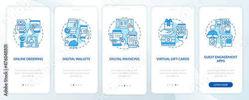 Contactless solution examples blue onboarding mobile app screen. Service walkthrough 5 steps graphic instructions pages with linear concepts. UI, UX, GUI template. Myriad Pro-Bold, Regular fonts used