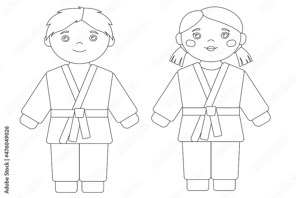 Boy and girl in kimono. Martial arts. Karate, judo. Children's sports. Black outline. Coloring page. Boy and girl in kimono. Martial arts. Karate, judo. Children's sports. Black outline. Coloring page.