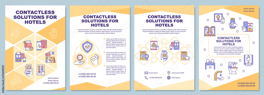 Contactless solutions for hotel brochure template. Booklet print design with linear icons. Vector layouts for presentation, annual reports, ads. Arial-Black, Myriad Pro-Regular fonts used
