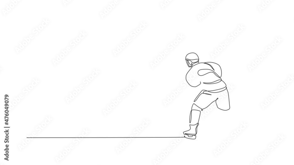 Animation of one line drawing of young ice hockey player in action to play a competitive game on ice rink stadium. Sport tournament concept. Continuous line self draw animated. Full length motion. Animation of one line drawing of young ice hockey player in action to play a competitive game on ice rink stadium. Sport tournament concept. Continuous line self draw animated. Full length motion.