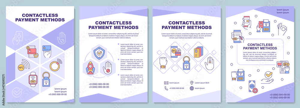 Contactless payment method brochure template. Booklet print design with linear icons. Vector layouts for presentation, annual reports, ads. Arial-Black, Myriad Pro-Regular fonts used