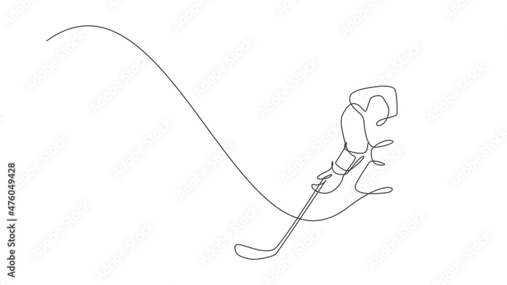 Animated self drawing of one continuous line draw young professional ice hockey player exercising and practicing on ice rink stadium. Healthy extreme sport concept. Full length single line animation. Animated self drawing of one continuous line draw young professional ice hockey player exercising and practicing on ice rink stadium. Healthy extreme sport concept. Full length single line animation.