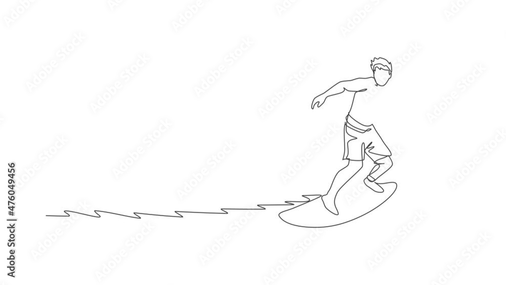 Animated self drawing of one continuous line draw young happy tourist surfer exercising surfing on wavy ocean. Healthy extreme watersport concept. Summer holiday. Full length single line animation. Animated self drawing of one continuous line draw young happy tourist surfer exercising surfing on wavy ocean. Healthy extreme watersport concept. Summer holiday. Full length single line animation.