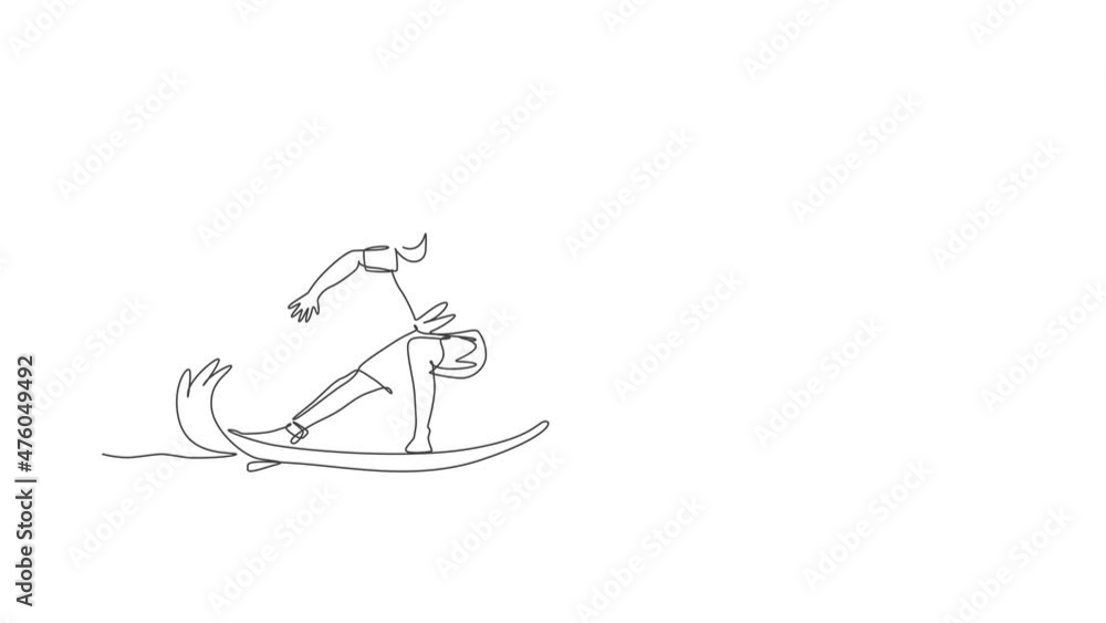 Animated self drawing of single continuous line draw young professional surfer in action riding the waves on blue ocean. Extreme watersport concept. Summer vacation. Full length one line animation. Animated self drawing of single continuous line draw young professional surfer in action riding the waves on blue ocean. Extreme watersport concept. Summer vacation. Full length one line animation.