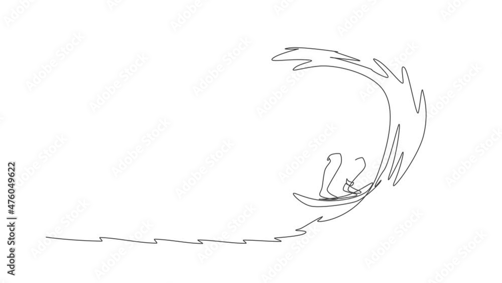 Animated self drawing of single continuous line draw young professional surfer in action riding the waves on blue ocean. Extreme watersport concept. Summer vacation. Full length one line animation. Animated self drawing of single continuous line draw young professional surfer in action riding the waves on blue ocean. Extreme watersport concept. Summer vacation. Full length one line animation.