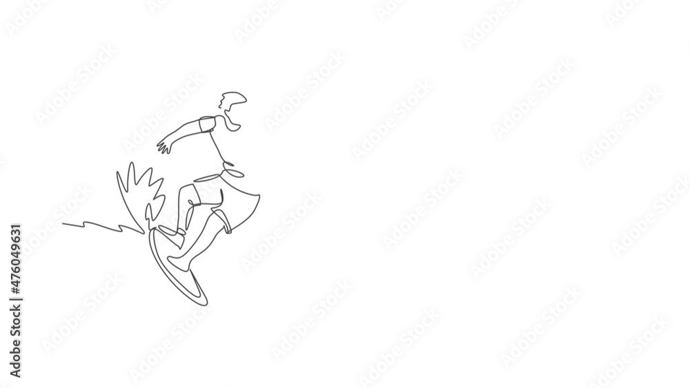 Animation of one single line drawing of young sporty surfer man riding on big waves in surfing beach paradise. Extreme water sport concept. Continuous line self draw animated. Full length motion. Animation of one single line drawing of young sporty surfer man riding on big waves in surfing beach paradise. Extreme water sport concept. Continuous line self draw animated. Full length motion.