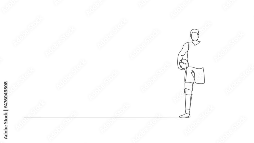 Animated self drawing of continuous line draw young male professional volleyball player pose standing on court. Healthy competitive team sport concept. Full length single line animation illustration.