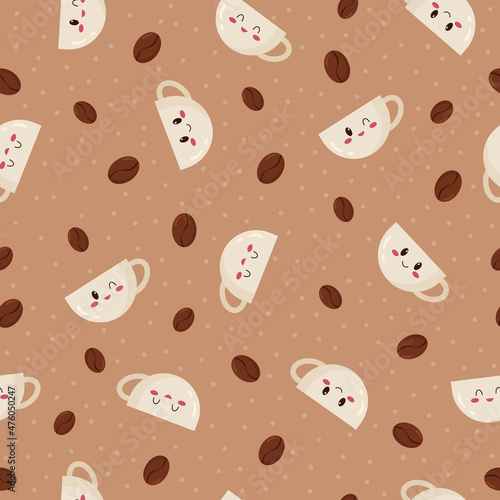 Seamless pattern of cute cup and coffee gain in cartoon style. Flat vector.