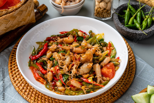 Spicy Stir Fried Squid or Tumis Cumi Pedas is Indonesian traditional food, especially in javanese. served on plate and isolated gray background.