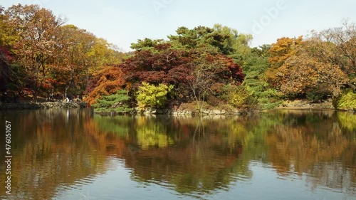 Colorful Autumn Trees reflection in Chundangji Lake, South Korea photo