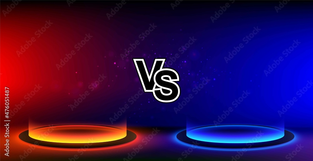 Vetor de Futuristic versus banner. VS template design for games, battle,  match, sports or fight competition. Round pedestal podium on black  background. Futuristic product stand template. do Stock