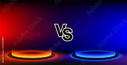 Futuristic versus banner. VS template design for games, battle, match, sports or fight competition. Round pedestal podium on black background. Futuristic product stand template.