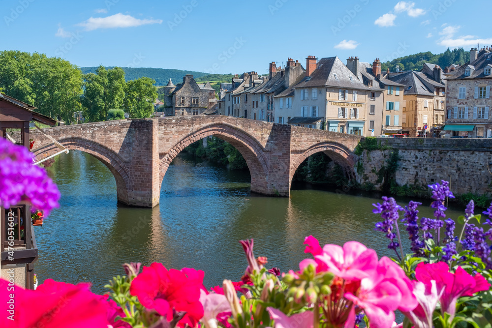 The old bridge of Espalion located in the southwest of France