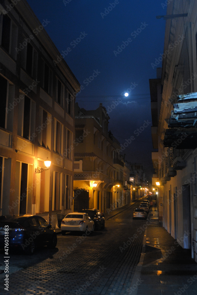 Night view of the street in Old San Juan district, Puerto Rico