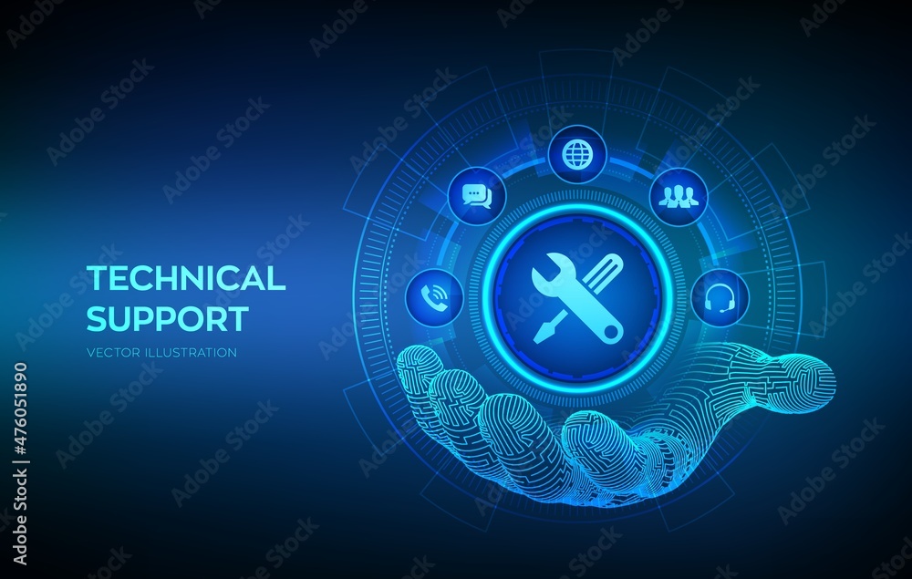 Technical support icon in robotic hand. Customer help. Tech support. Customer service, Business and technology concept. Vector illustration. - obrazy, fototapety, plakaty 