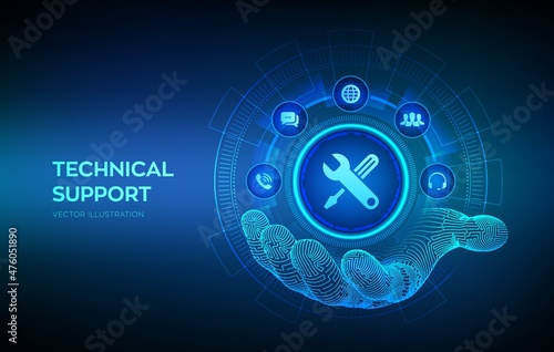 Technical support icon in robotic hand. Customer help. Tech support. Customer service, Business and technology concept. Vector illustration.