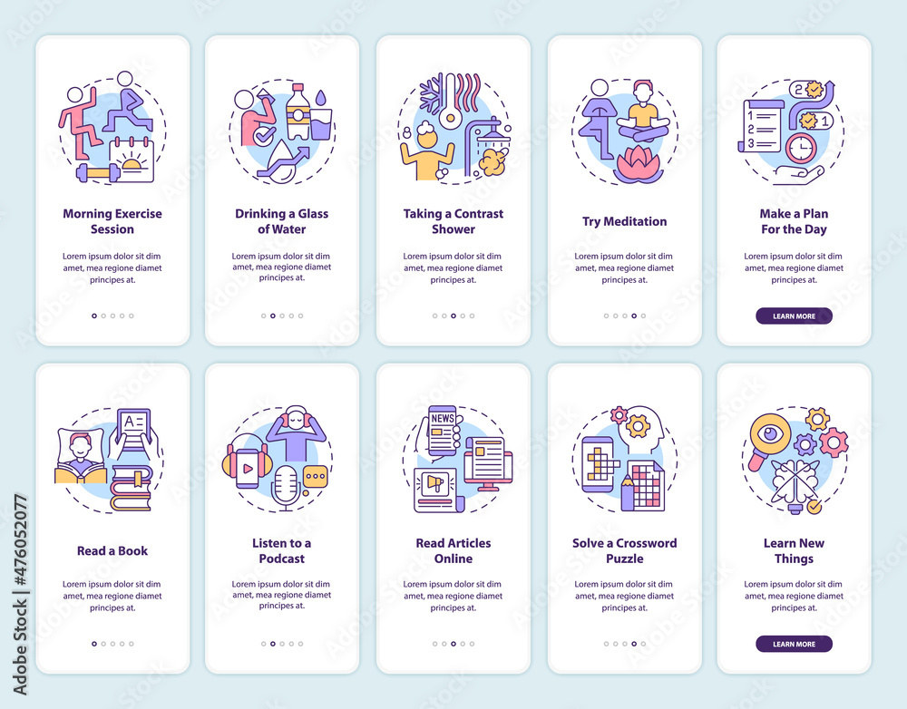 Morning routine onboarding mobile app screen set. Lifestyle walkthrough 5 steps graphic instructions pages with linear concepts. UI, UX, GUI template. Myriad Pro-Bold, Regular fonts used