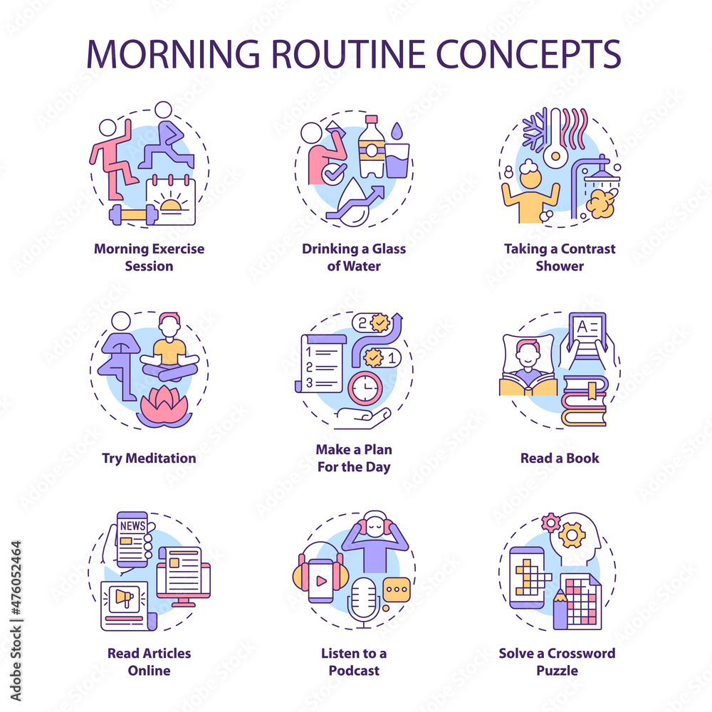 Morning routine concept icons set. Everyday rituals for productivity. Healthy habits idea thin line color illustrations. Isolated outline drawings. Roboto-Medium, Myriad Pro-Bold fonts used Morning routine concept icons set. Everyday rituals for productivity. Healthy habits idea thin line color illustrations. Isolated outline drawings. Roboto-Medium, Myriad Pro-Bold fonts used