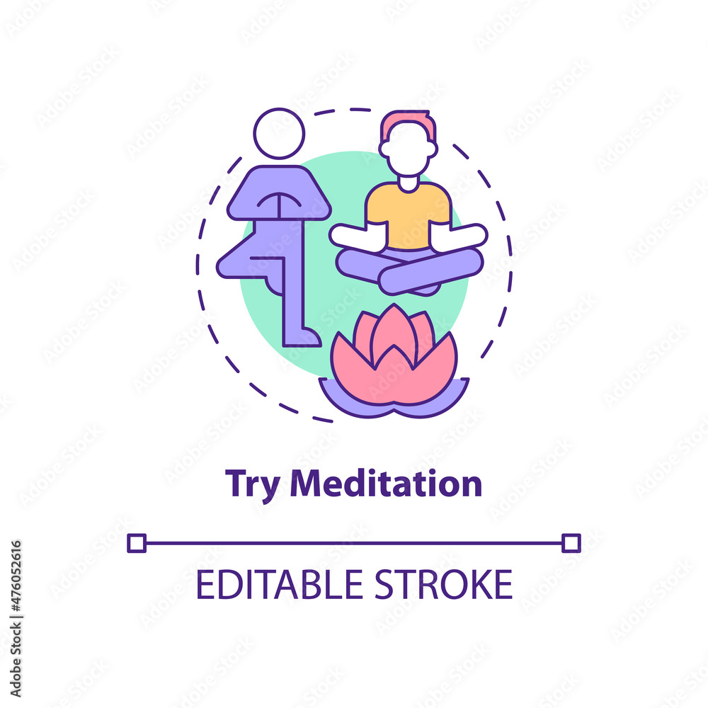 Try meditation concept icon. Inspiring morning routine. Mind and body balance abstract idea thin line illustration. Isolated outline drawing. Editable stroke. Roboto-Medium, Myriad Pro-Bold fonts used