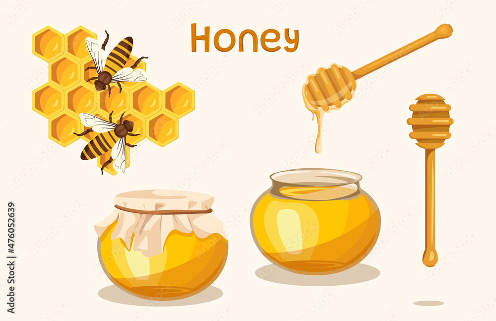 Illustration with liquid natural honey on white background. Vector honeycombs with bee, closed and open glass jar with honey and wooden dipper in cartoon style. Illustration with liquid natural honey on white background. Vector honeycombs with bee, closed and open glass jar with honey and wooden dipper in cartoon style.