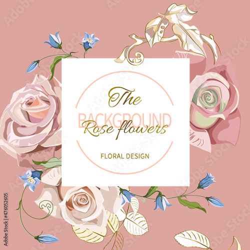 Floral banner invitation with peachy pink and cream colour roses and the bell flower on peachy background.