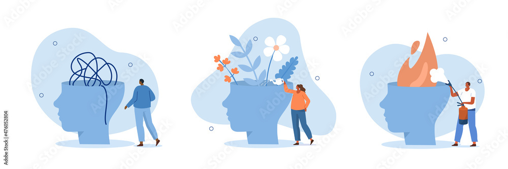 Mental health illustration set. Characters trying to solve mentality problems and fighting against emotional burnout. Psychotherapy concept. Vector illustration.
 - obrazy, fototapety, plakaty 