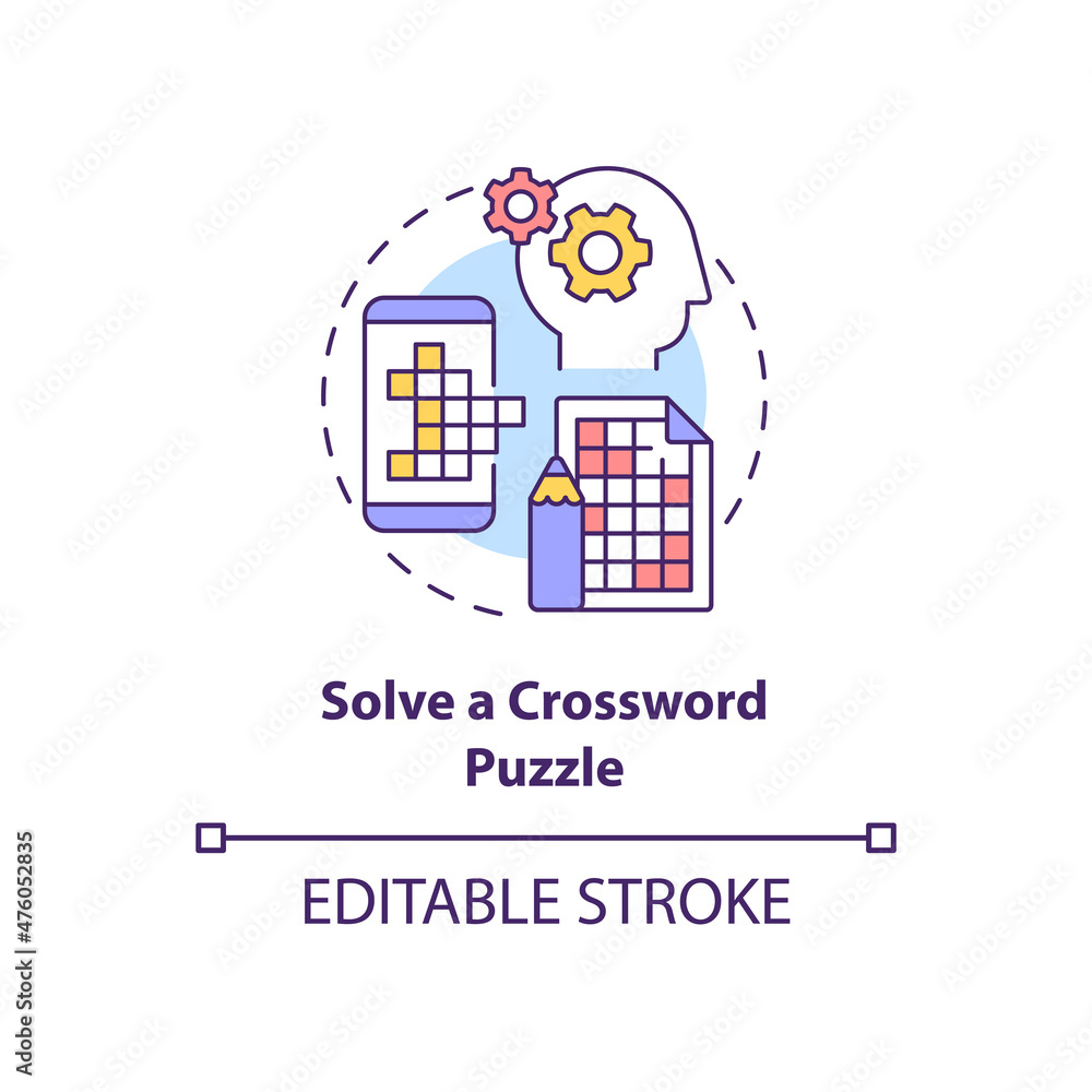 Solve crossword puzzle concept icon. Morning exercises for brain abstract idea thin line illustration. Isolated outline drawing. Editable stroke. Roboto-Medium, Myriad Pro-Bold fonts used