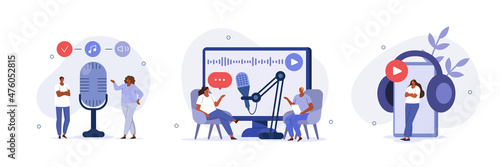Podcast illustration set. Characters in radio studio speaking in microphone and recording audio podcast or live online interview. People listening audio on smartphone. Vector illustration. photo