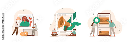 Social media illustration set. Characters integrating with social media platform. Followers leaving reaction on posts, giving feedback, likes and writing comments. Vector illustration.