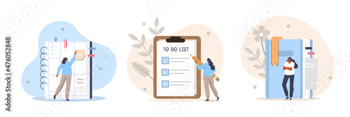Planning schedule illustration set. Characters writing notes, putting stickers and filling to do list in daily planner or personal organizer. Reminder concept. Vector illustration.