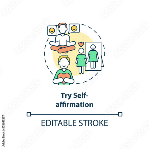 Try self-affirmation concept icon. Positive thinking for wellbeing abstract idea thin line illustration. Isolated outline drawing. Editable stroke. Roboto-Medium, Myriad Pro-Bold fonts used © bsd studio