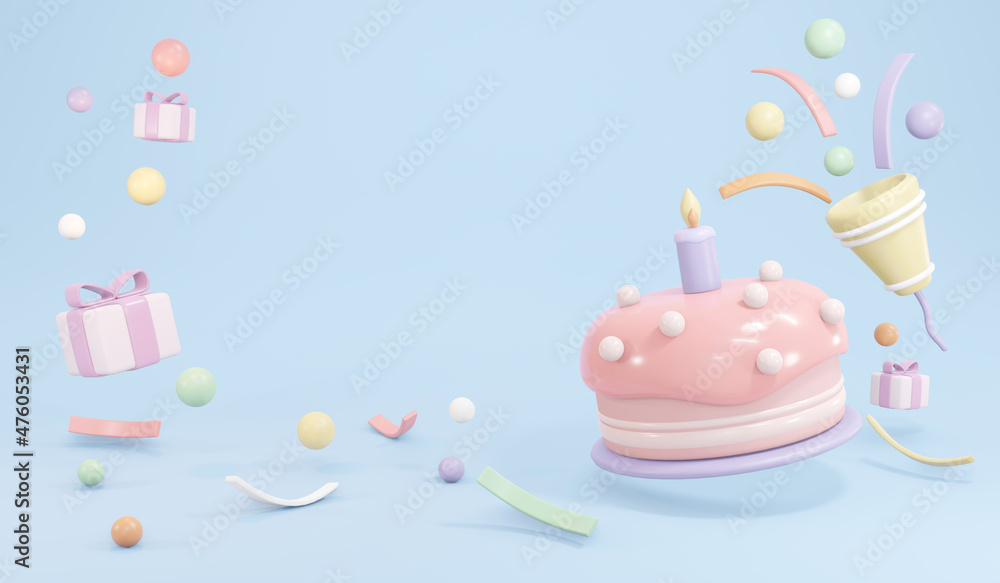 3D Rendering of birthday cake with candle and party popper popping confetti in pastel theme concept of birthday party background. 3D Render illustration. - obrazy, fototapety, plakaty 